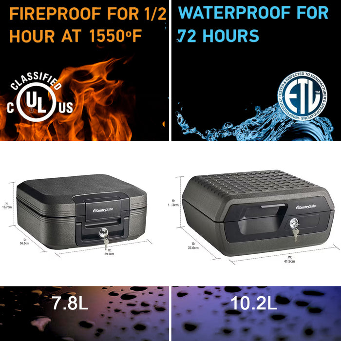 SentrySafe Fire Water Resistant Security Box Protection Safe Chest 7.8/10.2L 2 Keys