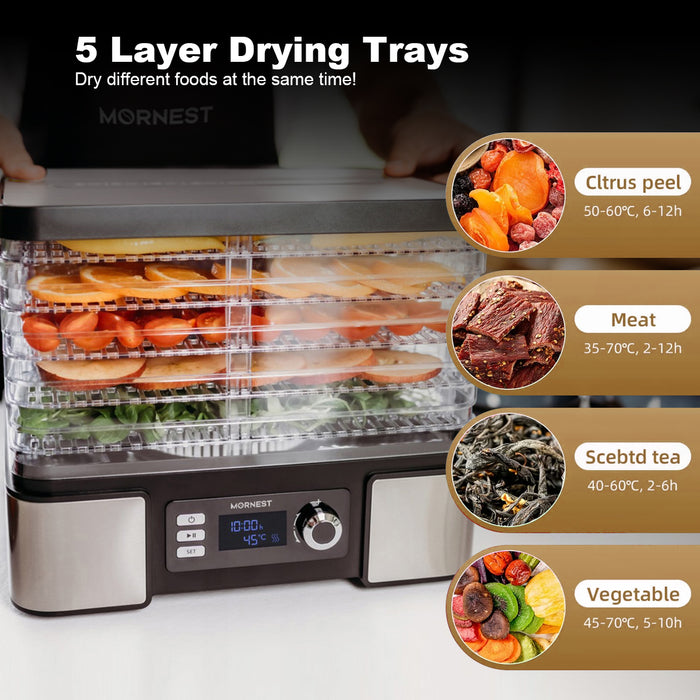 Mornest 5-Tray Food Dehydrator Machine, 400W Electric Food Dryer for Jerky, Fruits, Vegetables, Dog Treats, Herbs, Snacks - Adjustable Temperature & 24H Timer, LCD Display, Silicone Tongs Included