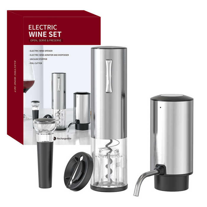 Electric Wine Opener Set 4-in-1, USB-C Rechargeable Corkscrew Bottle Opener, Wine Aerator with Foil Cutter, Stainless Steel Vacuum Wine Saver for Home Gift Set