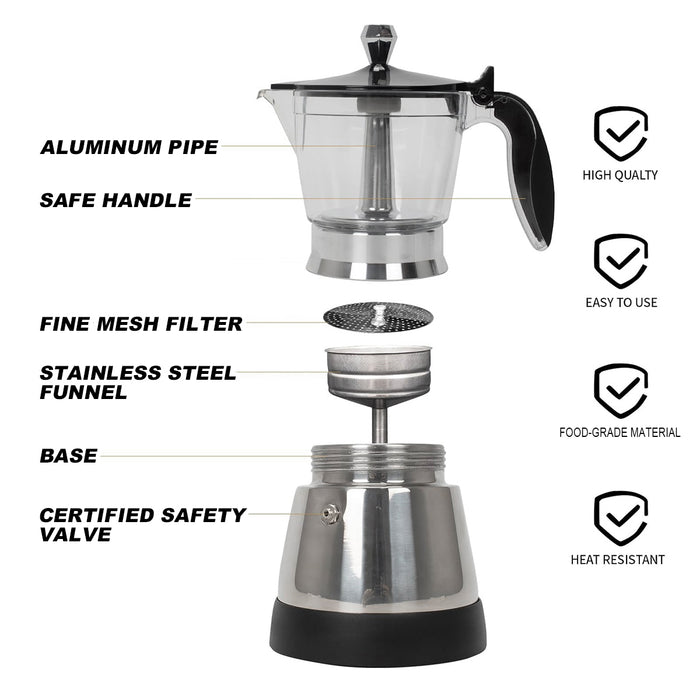 Electric Moka Coffee Maker 6 Cups Italian Classic PC Stainless Steel Espresso