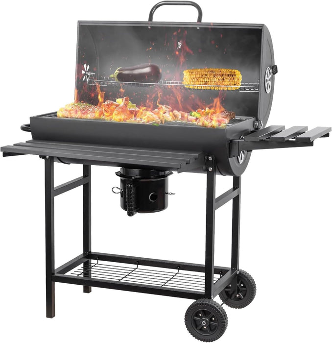 Portable Barrel BBQ Grill with Wheels &amp; Shelves – Heavy-Duty Steel Charcoal Grill, Outdoor Cooking Grill for Patio, Picnic &amp; Backyard (Black)