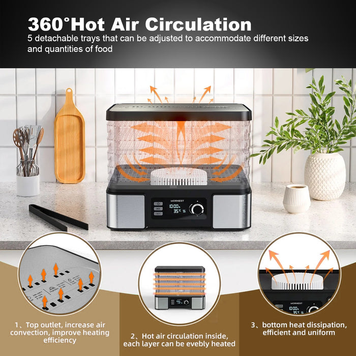 Mornest 5-Tray Food Dehydrator Machine, 400W Electric Food Dryer for Jerky, Fruits, Vegetables, Dog Treats, Herbs, Snacks - Adjustable Temperature & 24H Timer, LCD Display, Silicone Tongs Included