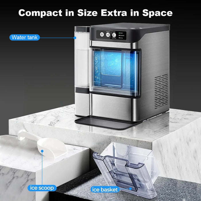 Mornest Crunchy Chewable Nugget Ice Maker with Water Tank, Soft Restaurant-Style Ice in 5 Min, 17kg/24hr, Front-Load Portable Ice Machine Fits Under Cabinets, One-Touch Self-Clean, Stainless Steel