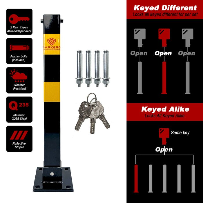 Parkero Square Fold-down Bollard Black Parking Barrier 2 Key teyp Vehicle Security Black Keyed Different / Alike