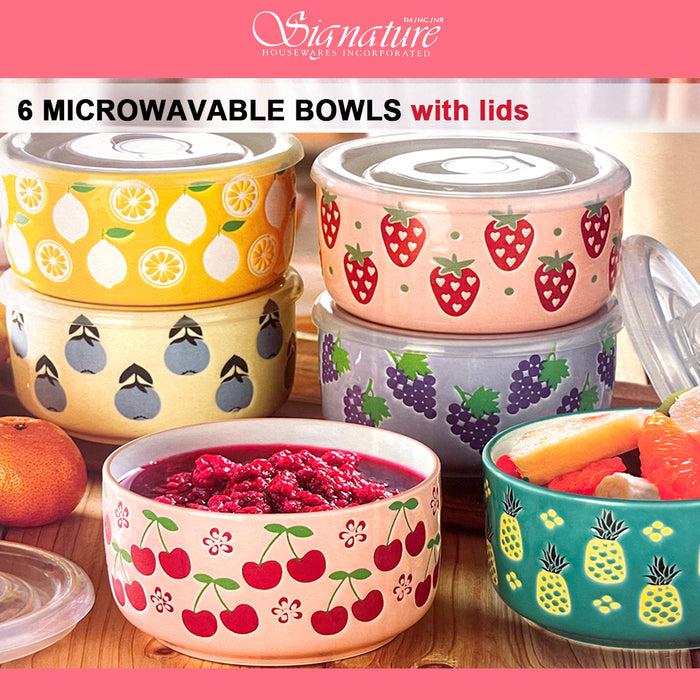 Signature BPA Free Ceramic Stoneware 6 Bowls With Lids 12 pcs Set 488ml