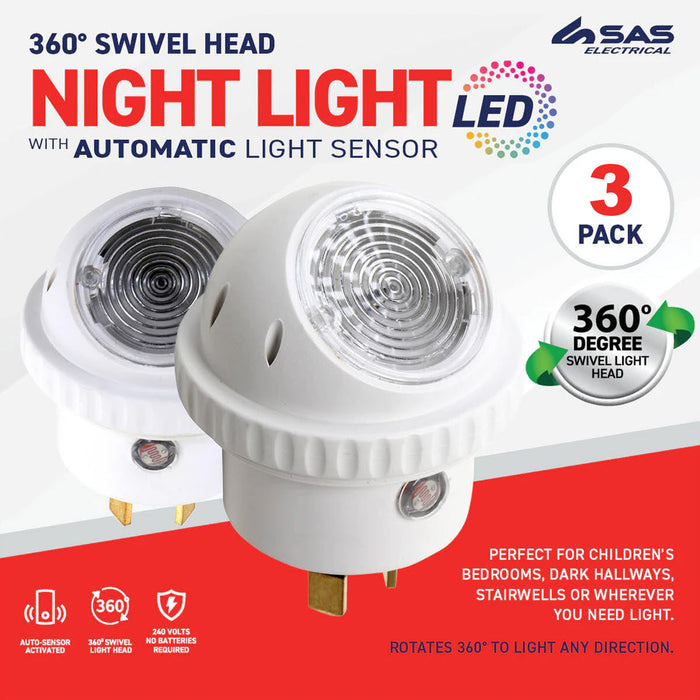 3X 360 Degree Swivel Night Light Auto Sensor Auto LED 240 V Plug In 6.5 x 5cm AU