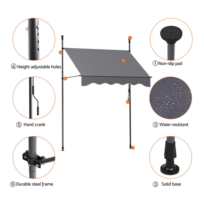 Instahut Window Fixed Pivot Arm Awning Outdoor Door Canopy 2X1.8M Grey