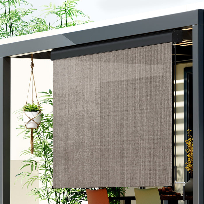 Instahut 2.1X2.5M Outdoor Blinds Awning Roll Down Retractable Knit Fabric Outdoor Blinds Window Shade Brown