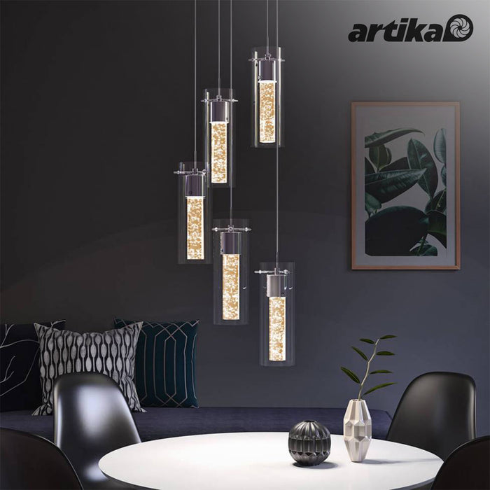 Artika Champagne Glow 5 Cylinder LED Pendant Light Fixture Adjustable Cables Pendant LED