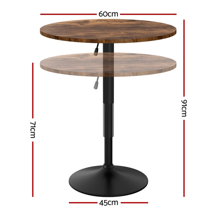Artiss Height Adjustable Bar Table 360 Swivel Round Gaslift Design 60cm Rustic Brown Black
