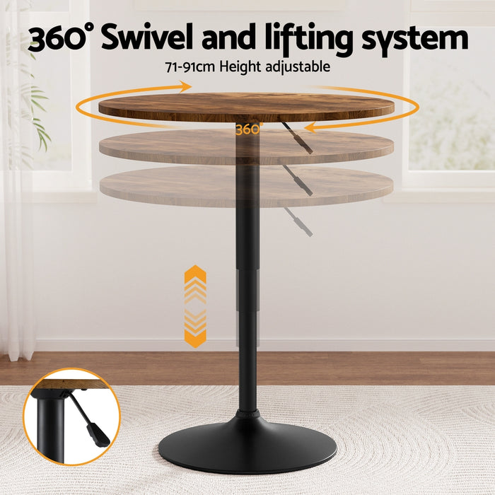Artiss Height Adjustable Bar Table 360 Swivel Round Gaslift Design 60cm Rustic Brown Black