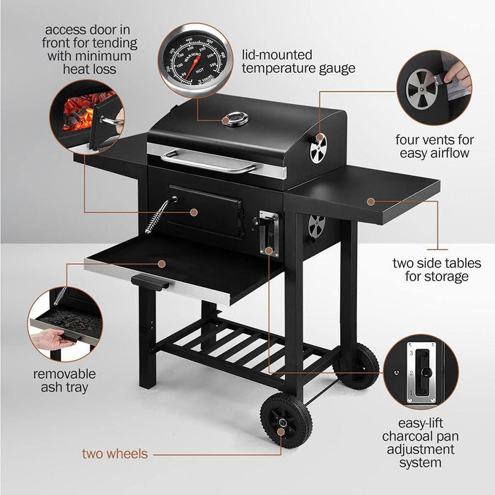 Portable Charcoal Grill BBQ with Wheels - Steel Outdoor Cooking Trolley, Outdoor Barbecue Set with Charcoa Pan Adjustment System, Compact Picnic/Patio/Backyard Grill&nbsp;