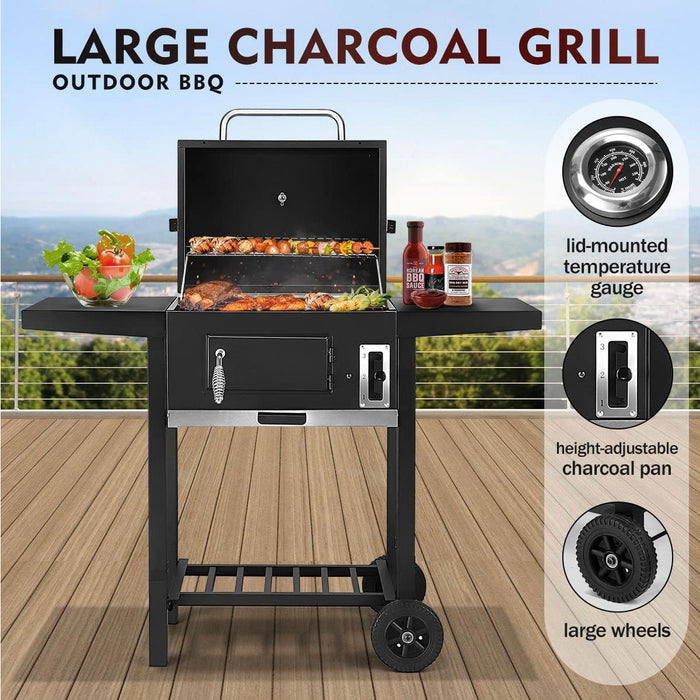 Portable Charcoal Grill BBQ with Wheels - Steel Outdoor Cooking Trolley, Outdoor Barbecue Set with Charcoa Pan Adjustment System, Compact Picnic/Patio/Backyard Grill&nbsp;