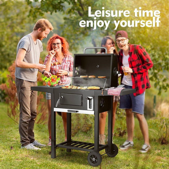 Portable Charcoal Grill BBQ with Wheels - Steel Outdoor Cooking Trolley, Outdoor Barbecue Set with Charcoa Pan Adjustment System, Compact Picnic/Patio/Backyard Grill&nbsp;