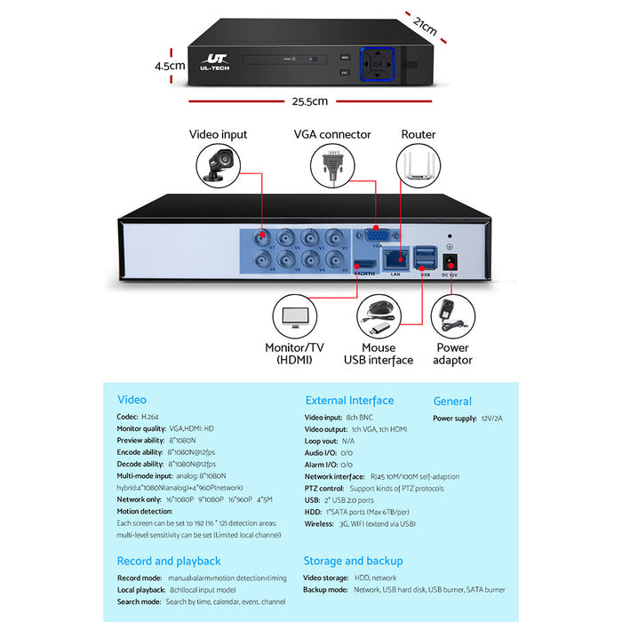 UL-tech CCTV Security System 8CH DVR 8 Cameras 1TB Hard Drive