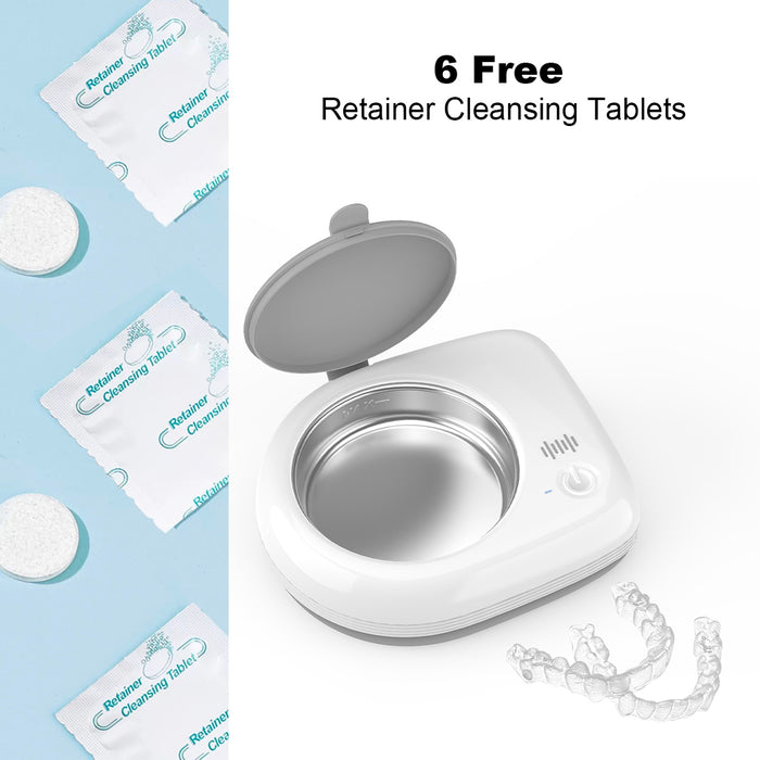 Cordless Ultrasonic Retainer Cleaner for Travel, 50kHz Ultra-Thin Dental Cleaner For Aligner, Braces, Night Guard, Jewelry with Cleaning Tablets (Arctic White)