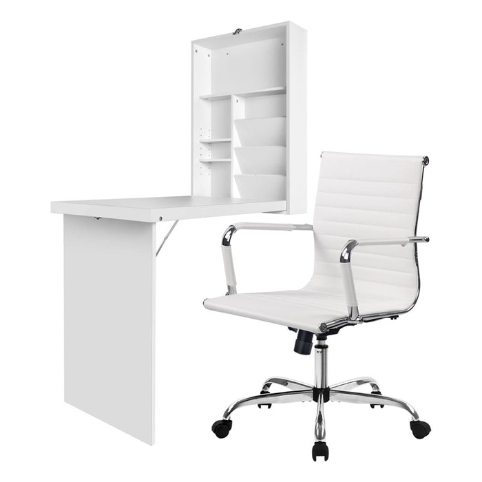 Artiss Computer Desk Office Chair Set PU Leather Wall Mount Foldable Table White