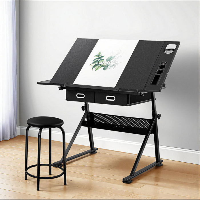Artiss Drawing Desk Stool Set Drafting Table Adjustable Angle Tilt Drawers Black