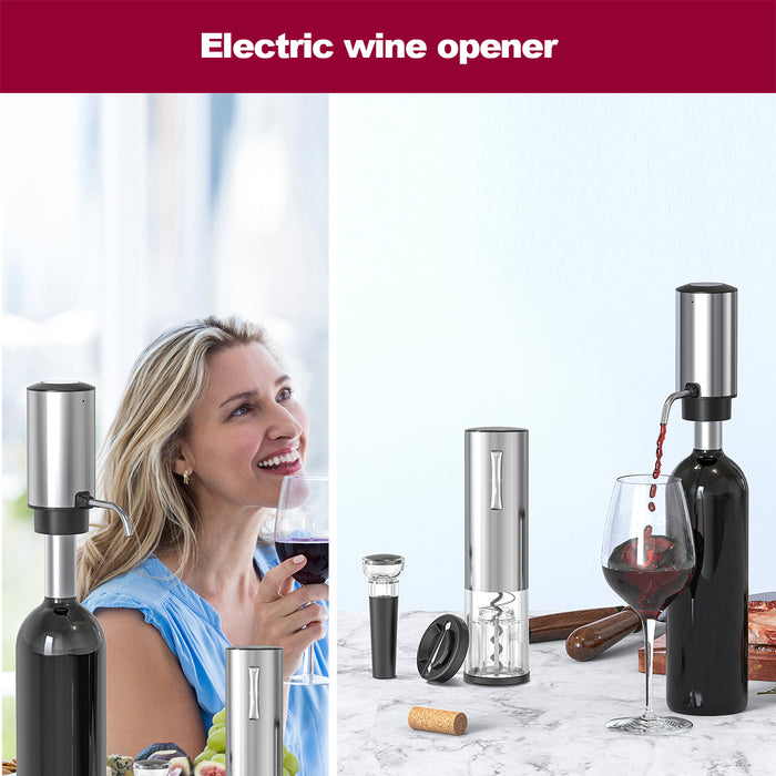Electric Wine Opener Set 4-in-1, USB-C Rechargeable Corkscrew Bottle Opener, Wine Aerator with Foil Cutter, Stainless Steel Vacuum Wine Saver for Home Gift Set