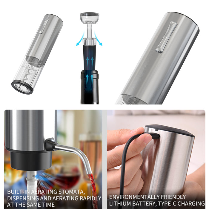 Electric Wine Opener Set 4-in-1, USB-C Rechargeable Corkscrew Bottle Opener, Wine Aerator with Foil Cutter, Stainless Steel Vacuum Wine Saver for Home Gift Set
