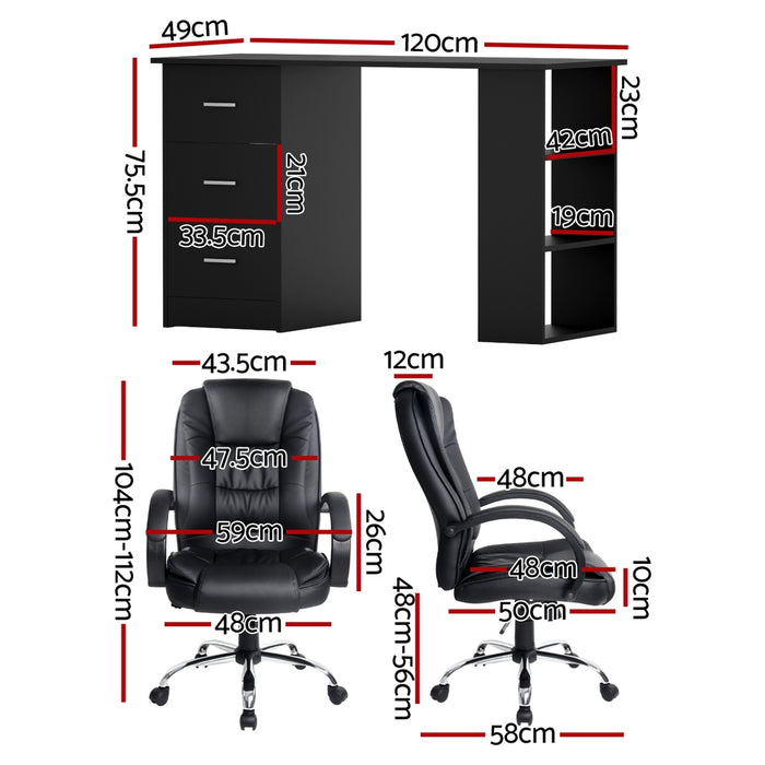 Artiss Computer Desk 120cm Executive Office Chair Set PU Leather High Back Black