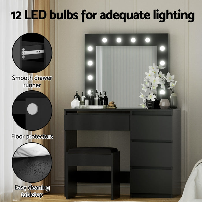 Artiss Dressing Table Set Stool 12 Led Bulbs Black