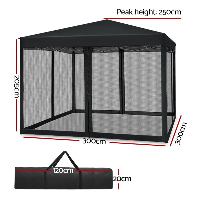 Instahut Gazebo Pop Up Marquee 3x3m Wedding Party Outdoor Camping Tent Canopy Shade Mesh Wall Black