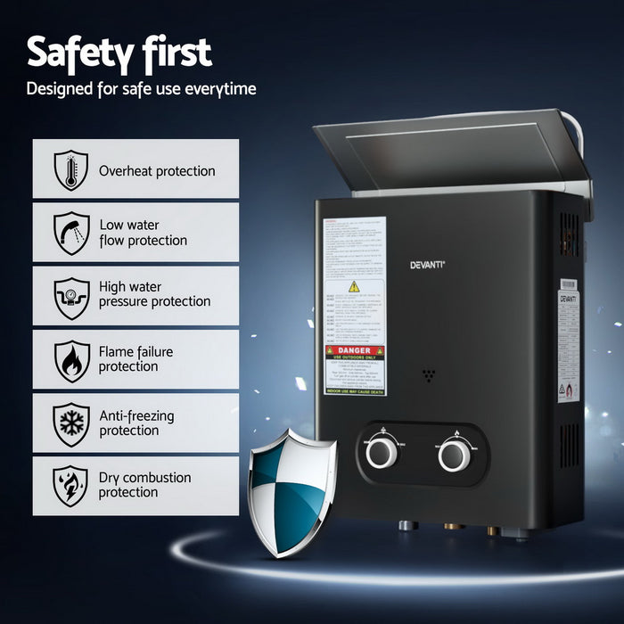 Devanti Portable Gas Water Heater LPG-powered System Black With Pump
