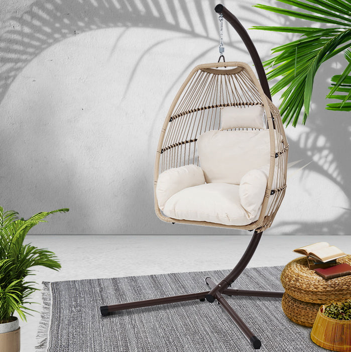 Gardeon Outdoor Egg Swing Chair Hanging Chair Wicker Rope Pod Stand Cushion Latte