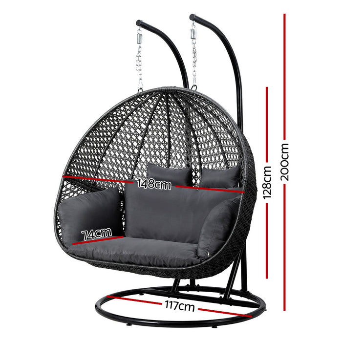 Gardeon Outdoor Egg Swing Chair Wicker Furniture Pod Stand Cushion 2 Seater Grey
