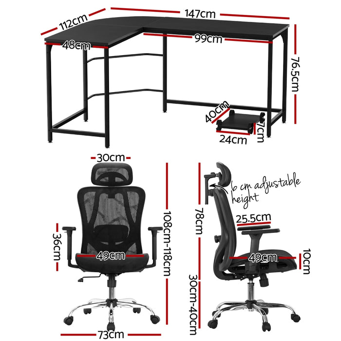 Artiss Computer Desk L-Shape Corner Desks Ergonomic Office Chair Mesh Chairs