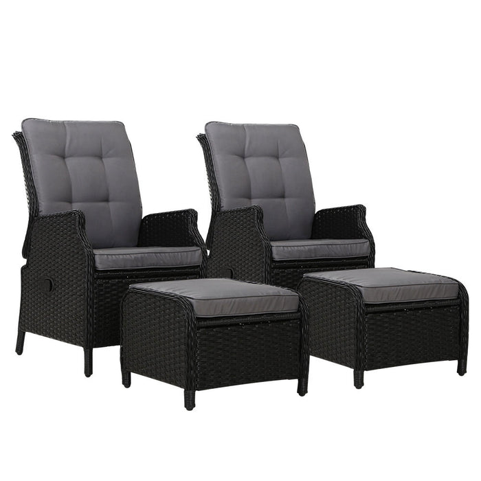 Gardeon 2PC Recliner Chair Sun lounge Wicker Lounger Outdoor Furniture Adjustable Black
