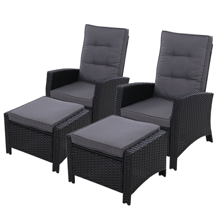 Gardeon 2PC Recliner Chairs Sun lounge Wicker Lounger Outdoor Furniture Adjustable Black