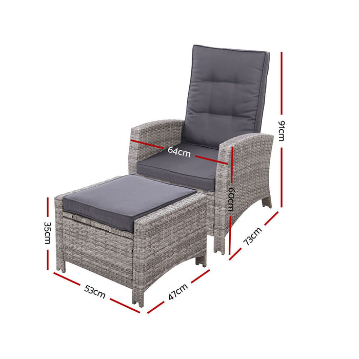 Gardeon 2PC Recliner Chairs Sun lounge Wicker Lounger Outdoor Furniture Adjustable Grey