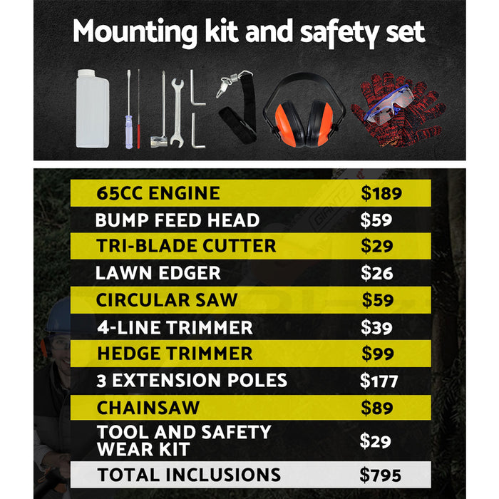 Giantz 65CC Pole Chainsaw Hedge Trimmer Brush Cutter Whipper Snipper 9-in-1 4.3m