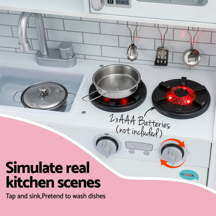 Keezi Kids Wooden Pretend Kitchen Play Set Cooking Toys Pot Ice Cup Oven Blackboard 80CM White