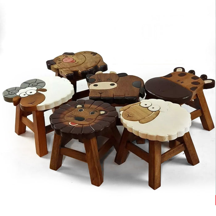 OSAKA Kids Animal Wood Stool Hand Carved & Painted 26cm Genuine Solid Mango Wood