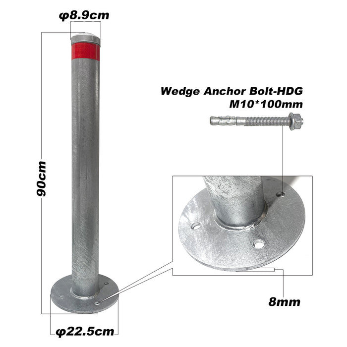Surface Mounted Bollard 90x⌀9cm Galvanized Iron Carpark Barrier Heavy-duty