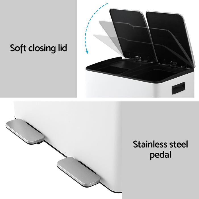 Cefito Pedal Bins Rubbish Bin Dual Compartment Waste Recycle Dustbins 60L White