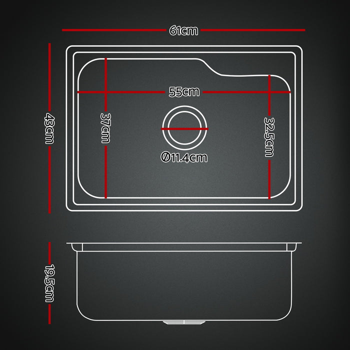 Cefito Kitchen Sink 61X43CM Stainless Steel Basin Single Bowl Black Drain Basket