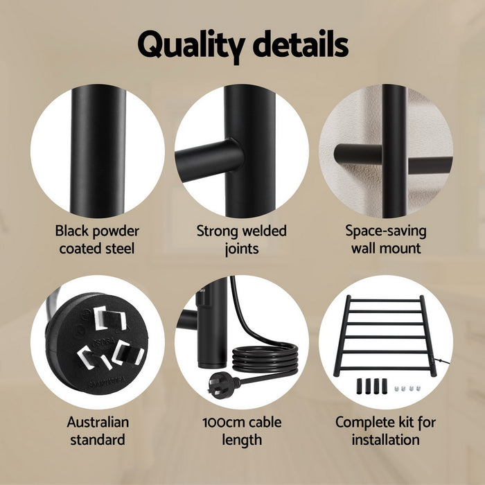 Devanti Heated Towel Rail 6 Round Bars  with Timer Electric Heater Warmer Rack