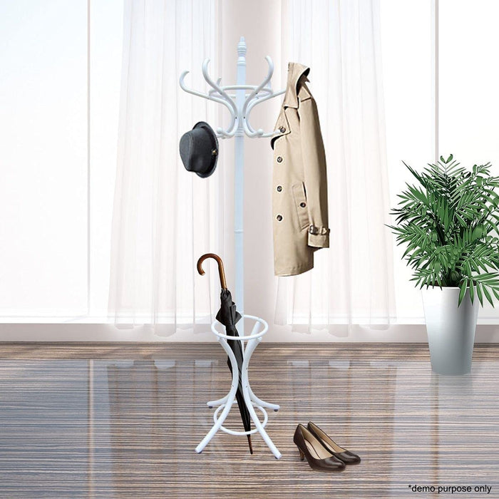 White Coat Rack with Stand Wooden Hat And 12 Hooks Hanger Walnut Tree