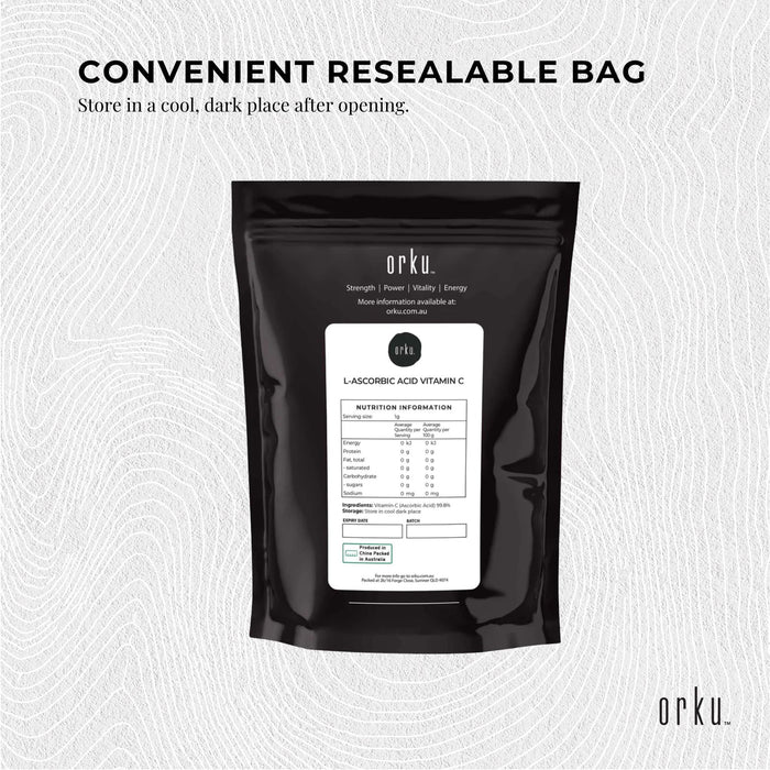 Orku 1Kg Vitamin C Powder Pure L-Ascorbic Acid - USP Grade Non-GMO