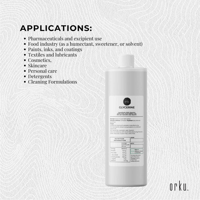 Orku 1L Glycerine 99.9% Pure USP Food + Cosmetic Grade – Vegetable Glycerol