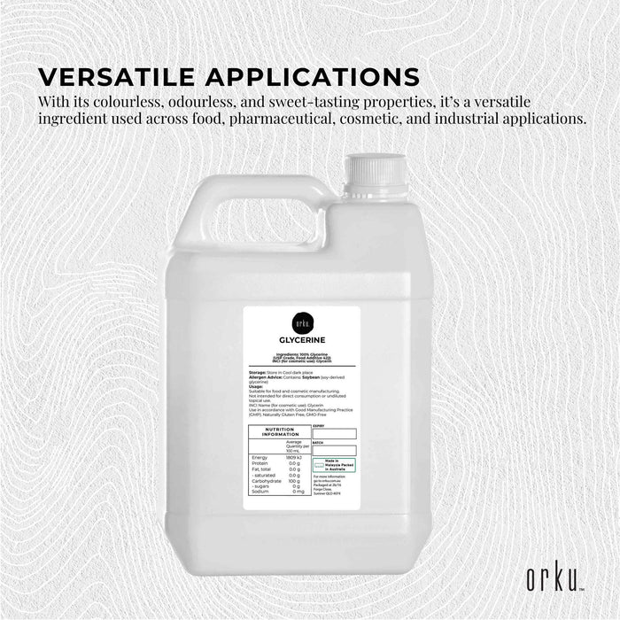 Orku 5L Glycerine 99.9% Pure USP Food + Cosmetic Grade – Vegetable Glycerol