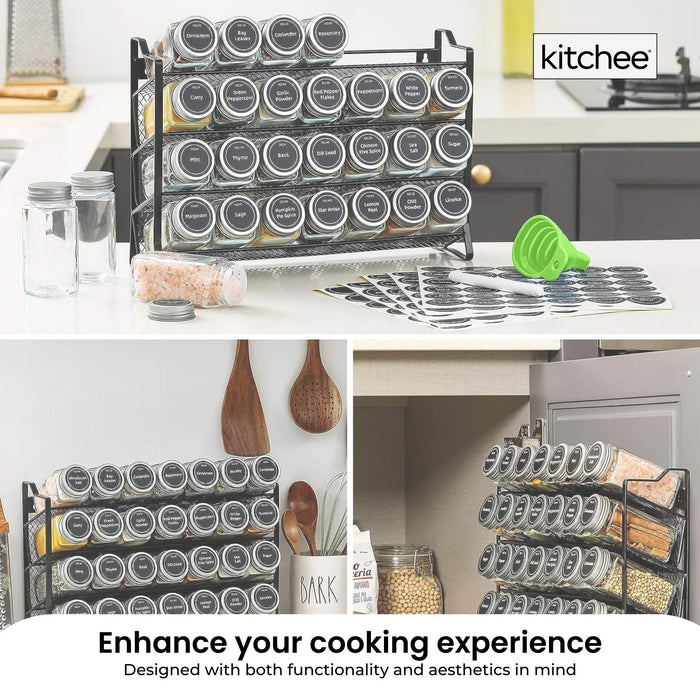4 Tier Metal Spice Rack + 28 Glass Jars - Kitchen Pantry Herb Storage Organiser