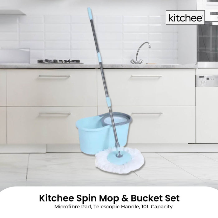 Kitchee Spin Mop & Bucket Set – Microfibre Pad, Telescopic Handle, 10L Capacity