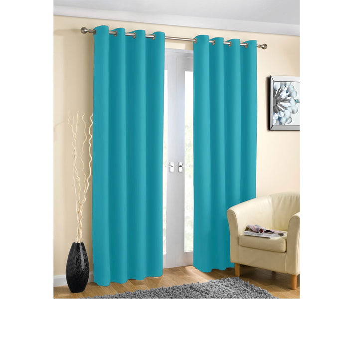 Pair of Blockout Plain Eyelet Curtains Blue 140 x 223cm Window Bedroom Machine Washable