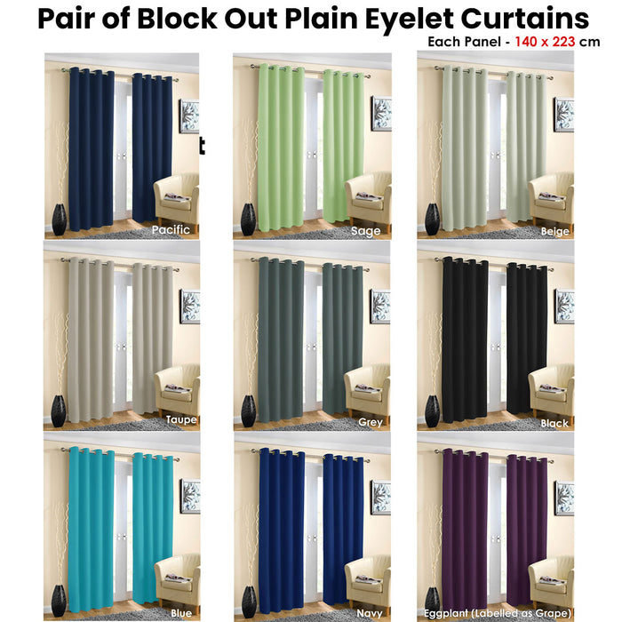 Pair of Blockout Plain Eyelet Curtains Blue 140 x 223cm Window Bedroom Machine Washable
