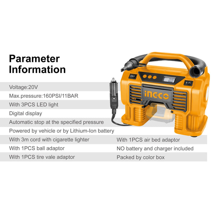 INGCO Air Compressor Car Tyre Deflator Inflator Pump 160PSI Auto Stop & Fittings(no battery and charger)